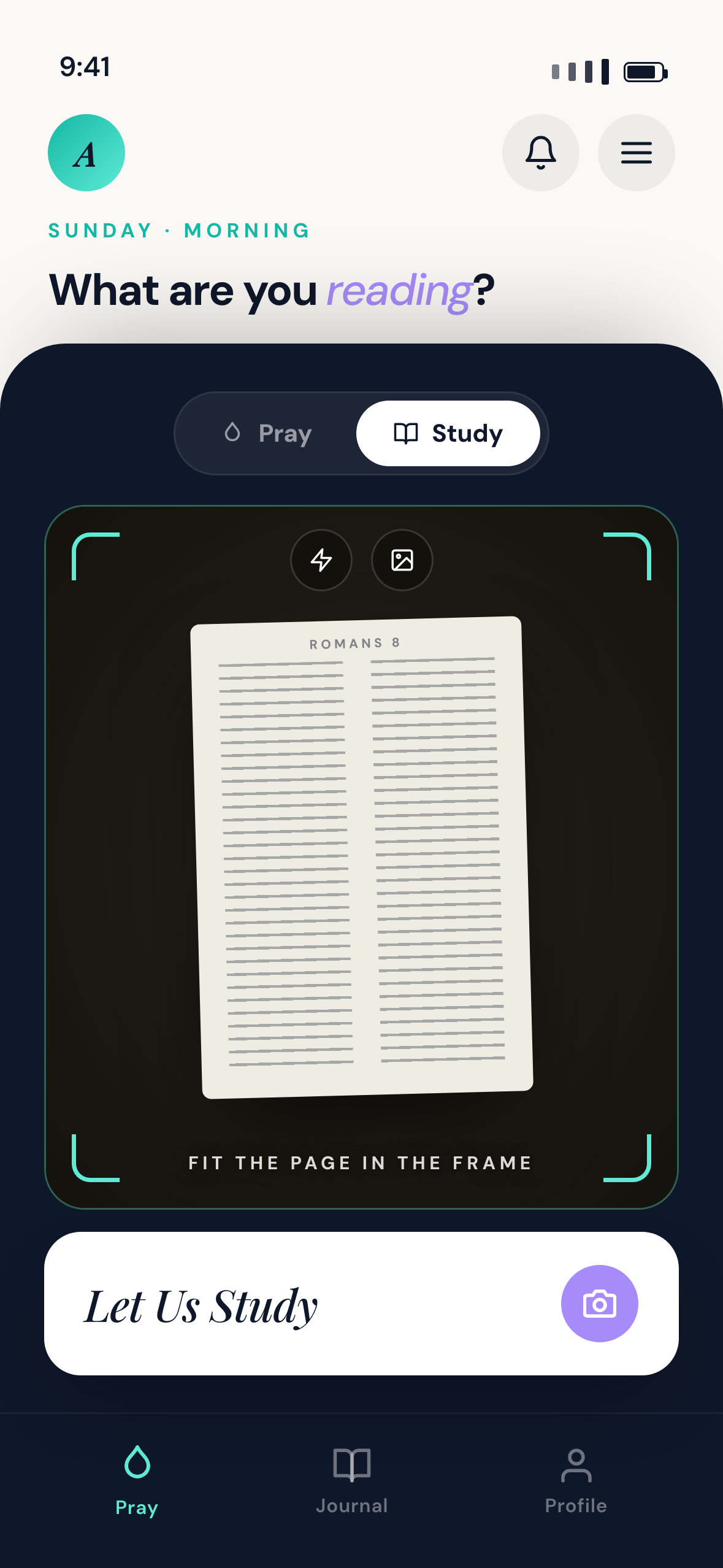 Photographing an open Bible page to begin a study in PrayerMade